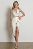 Champagne Pencil Halter Midi Work Dress with Slit