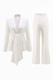 White 2 Piece Notched Lapel Ruched Business Suits with Sash