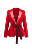 2-Piece Red Patchwork Notched Lapel Women Prom Suits with Belt