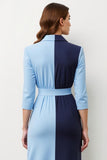 Navy Blue Patchwork Peak Lapel Midi Blazer Dress with Bow