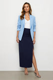 Navy Blue Pencil 2 Piece Notched Lapel Long Business Suits with Slit