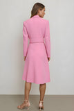 Pink Bodycon Notched Lapel Midi Work Dress with Belt