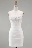 Strapless White Bodycon Corset Homecoming Dress With Beading