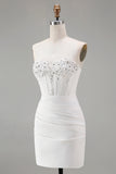 White Bodycon Strapless Corset Short Homecoming Dress with Beading