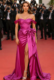 Fuchsia Off the Shoulder Mermaid Satin Long Gala Dress with Bow