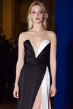 Black White Strapless Satin A-Line Long Gala Dress with Slit