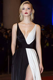 Black White V-Neck A-Line Satin Long Gala Dress
