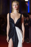 Black White Mermaid Satin Ruched Long Gala Dress with Slit