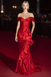 Red Off the Shoulder Satin Mermaid Long Gala Dress with Ruffles