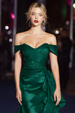 Dark Green Off the Shoulder Satin Ruched Mermaid Long Gala Dress with Ruffles