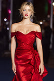 Dark Green Off the Shoulder Satin Ruched Mermaid Long Gala Dress with Ruffles