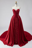 Dark Red Sequins Strapless Satin Pearls Sheath Long Pageant Dress with Draping