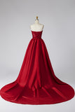 Dark Red Sequins Strapless Satin Pearls Sheath Long Pageant Dress with Draping