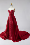 Dark Red Sequins Strapless Satin Pearls Sheath Long Pageant Dress with Draping