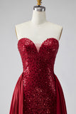 Dark Red Sequins Strapless Satin Pearls Sheath Long Pageant Dress with Draping