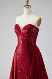 Dark Red Sequins Strapless Satin Pearls Sheath Long Pageant Dress with Draping