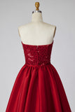 Dark Red Sequins Strapless Satin Pearls Sheath Long Pageant Dress with Draping
