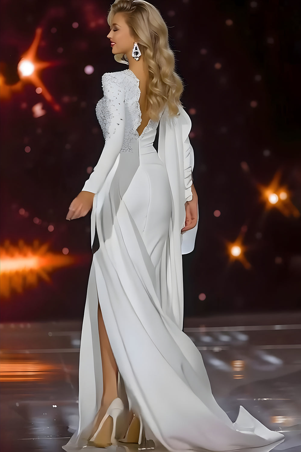 Zapaka Women Pageant Dress with Side Streamer White Mermaid Beaded V Neck Long Sleeve Evening Dress, White / US14 Zapaka Women Pageant Dress with Side Streamer White Mermaid Beaded V Neck Long Sleeve Evening Dress, White / US14