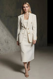 Ivory 2 Piece Notched Lapel Pencil Midi Business Suits