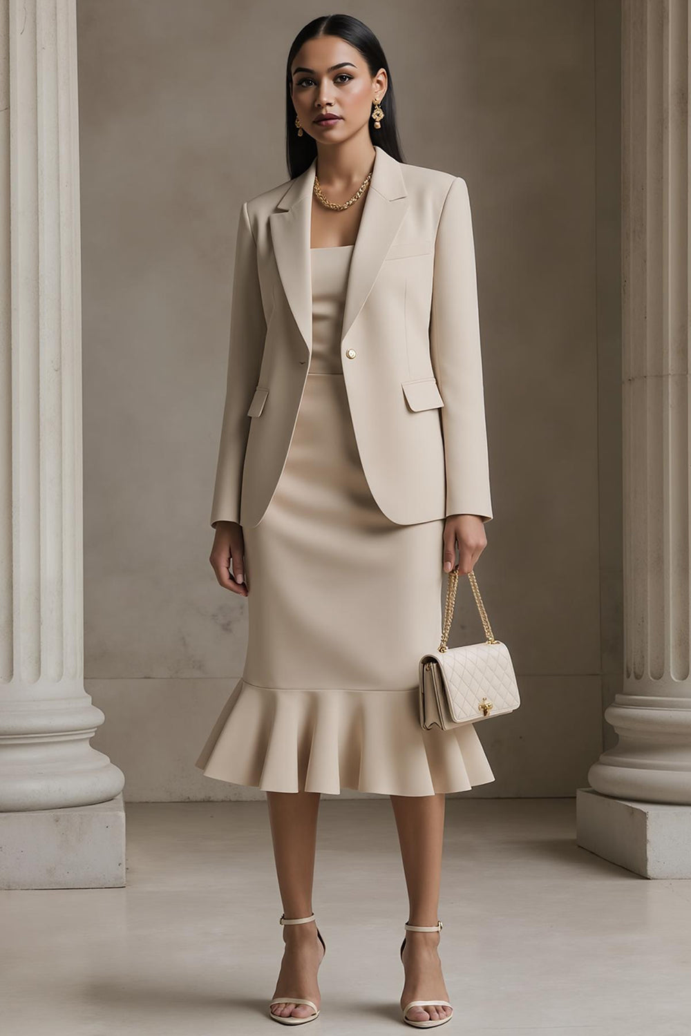 champagne pencil dress The Charlie | Champagne Work Dress Round Neck Sheath Ruched Satin Midi Dress