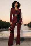 Burgundy Notched Lapel 2 Piece Women Suits with Belt