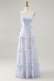 Blue Flower Ruffled Printed A Line Long Wedding Guest Dress