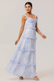 Blue Floral Ruffled A Line Corset Long Wedding Guest Dress