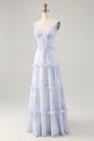 Blue Flower Ruffled Printed A Line Long Wedding Guest Dress