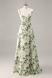Green Floral Ruffled Corset A Line Long Bridesmaid Dress