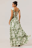 Green Flower Corset A Line Bridesmaid Dress with Ruffles