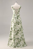 Green Floral Ruffled Corset A Line Long Bridesmaid Dress
