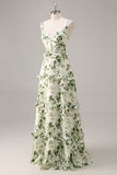 Green Flower Corset A Line Bridesmaid Dress with Ruffles