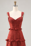 Floral Terracotta Ruffled A Line Long Wedding Guest Dress
