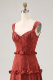 Floral Terracotta Ruffled A Line Long Wedding Guest Dress