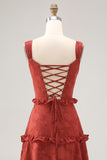 Floral Terracotta Ruffled A Line Long Wedding Guest Dress