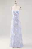 Blue Flower Spaghetti Straps Printed Wedding Guest Dress with Ruffles