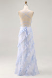 Blue Flower Spaghetti Straps Printed Wedding Guest Dress with Ruffles