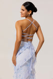 Blue Floral Ruffled Sheath Printed Wedding Guest Dress
