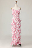 Blush Flower Sheath Spaghetti Straps Ruffled Long Wedding Guest Dress with Slit