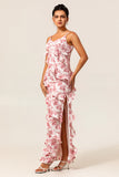 Blush Floral Sheath Ruffled Long Wedding Guest Dress with Slit