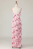 Blush Flower Sheath Spaghetti Straps Ruffled Long Wedding Guest Dress with Slit