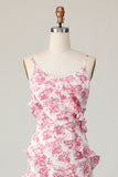 Blush Flower Sheath Spaghetti Straps Ruffled Long Wedding Guest Dress with Slit