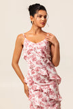 Blush Floral Sheath Ruffled Long Wedding Guest Dress with Slit