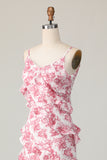 Blush Flower Sheath Spaghetti Straps Ruffled Long Wedding Guest Dress with Slit