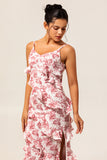 Blush Floral Sheath Ruffled Long Wedding Guest Dress with Slit