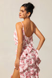 Blush Floral Sheath Ruffled Long Wedding Guest Dress with Slit