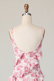Blush Flower Sheath Spaghetti Straps Ruffled Long Wedding Guest Dress with Slit