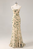Champagne Floral Mermaid Printed Bridesmaid Dress with Slit