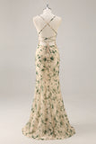Champagne Floral Mermaid Printed Bridesmaid Dress with Slit