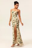 Champagne Floral Mermaid Printed Bridesmaid Dress with Slit